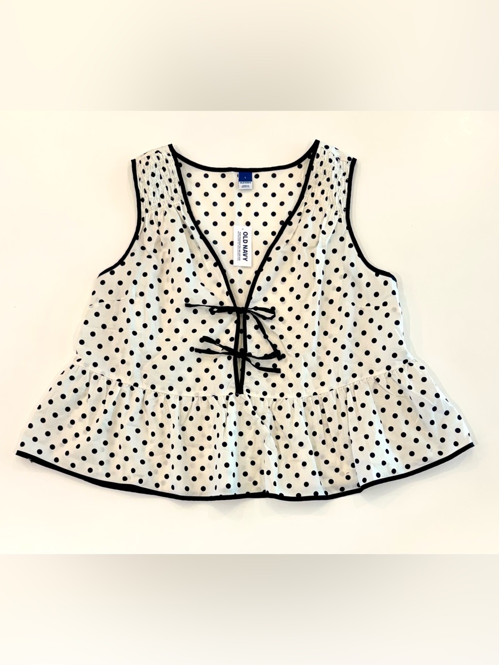 Old Navy White and Black Polka Dot Tie-Front Peplum Tank